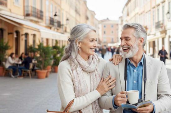 Pareja senior que ha aprendido idiomas en Lacunza conversando con confianza y naturalidad durante un viaje por una ciudad europea